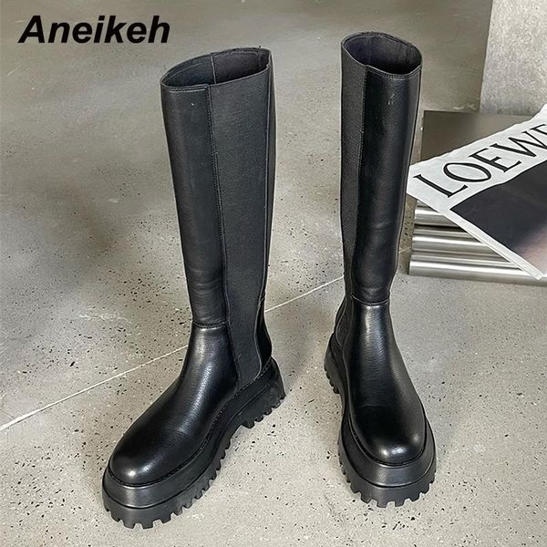

boots aneikeh fashion elastic band square heel punk motorcycle winter women's black shoes 2021 pu knee-high thick bottom