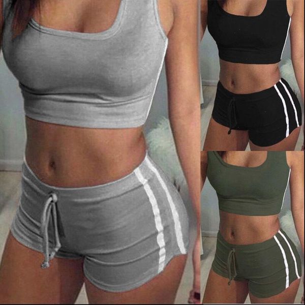 

2pcs women fitness stretch racerback tank short pants suit elastic bra sets bodycon clothing sports suit, Gray