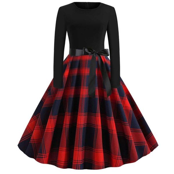 

casual dresses party dress merry christmas ladies plaid print stitching round neck long-sleeved large retro with belt vestidos, Black;gray