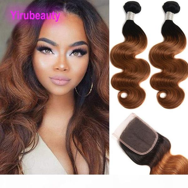 

brazilian virgin hair 2 bundles with 4x4 lace closure 1b 30 body wave 3 pieces 1b 30 ombre human hair extensions, Black;brown