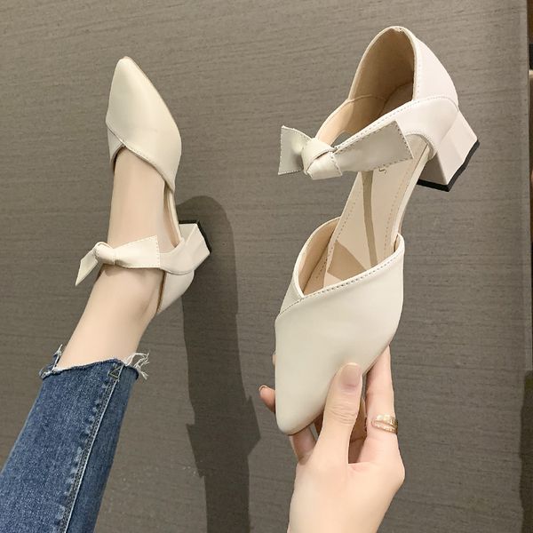 

new fashion bowknot square heels ladies soft pu leather pointed toe pumps women 2021 beige shallow single shoes woman 6ava, Black