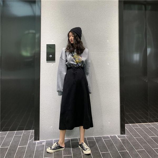 

skirts autumn korean version elastic high waist thin black women long section a word female student