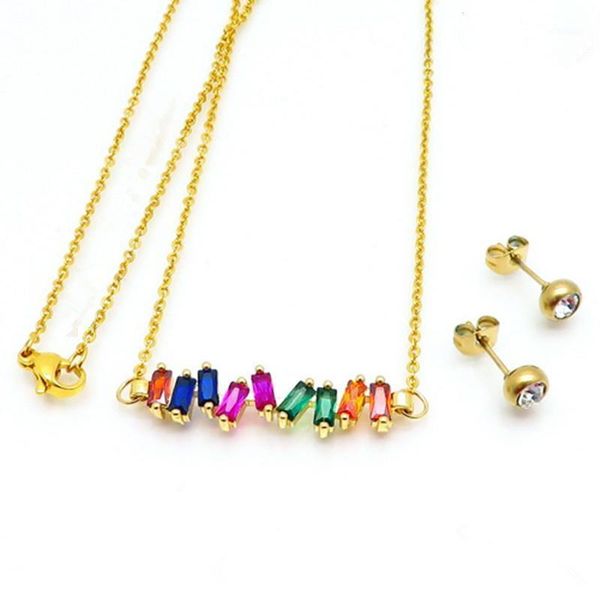 

earrings & necklace 2021 fashion colorful crystal heart pendant necklaces white stud gold stainless steel wedding jewelry set, Silver