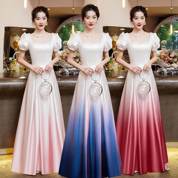 

ethnic clothing elegant satin a-line gradients evening party dress women pearl sweetheart neck formal lantern sleeve prom, Red