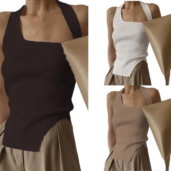 

women's tanks & camis halter tank , sleeveless rib knit solid color irregular hem camisole, White