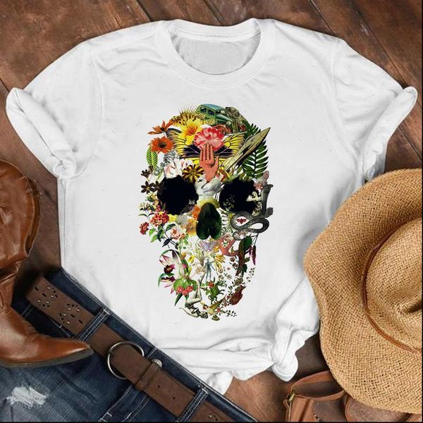 

women lady skull cute funny short sleeve 90s fashion shirt clothes womens female print t tshirt tee graphic, White