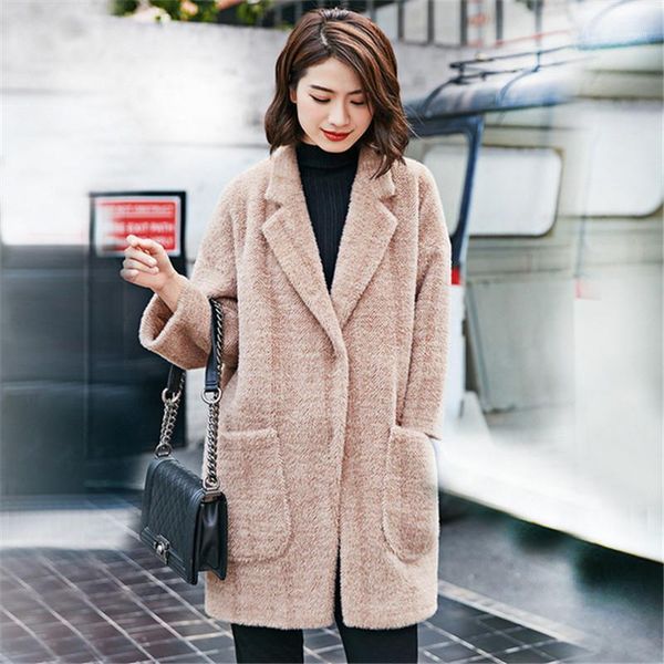 

women's wool & blends women coats &jacket 2021 autumn winter faux mink cashmere coat ladies double-breasted slim warm long elegant oute, Black