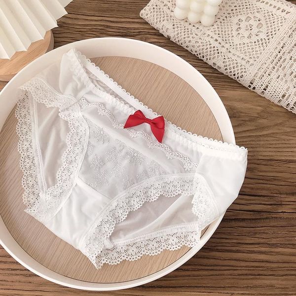 

women's panties white japanese sweet ice silk medium low waist underwear soft girls romantic snowflake embroidery bowknot briefs, Black;pink