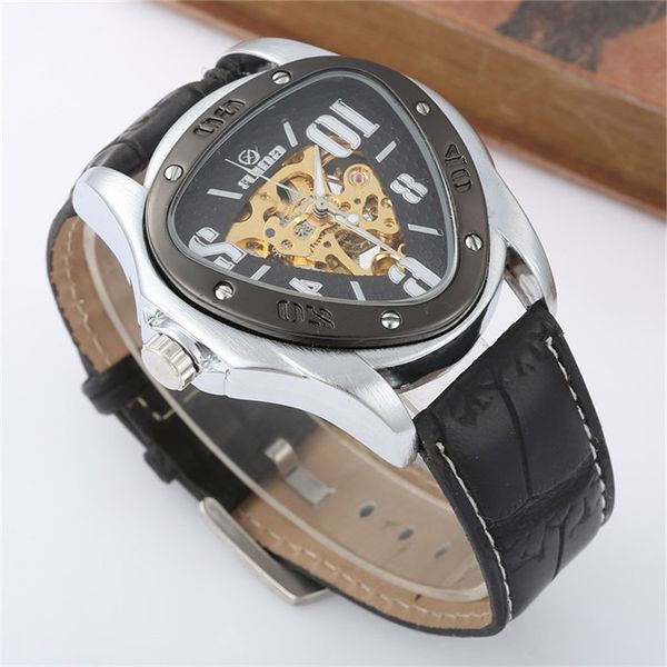 

goer goyle personality hollow triangle semi automatic mechanical watch business men's belt, Slivery;brown