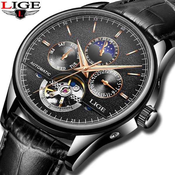 Armbanduhren 2021 LIGE Tourbillon Mechanische Uhr Männer Automatische Klassische Herrenuhren Rose Gold Leder Wasserdicht Handgelenk Reloj Hombre