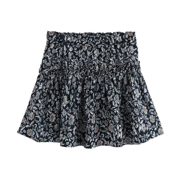 

summer print elastic waist above knee, mini skirt women's short retro high pleated 210607, Black