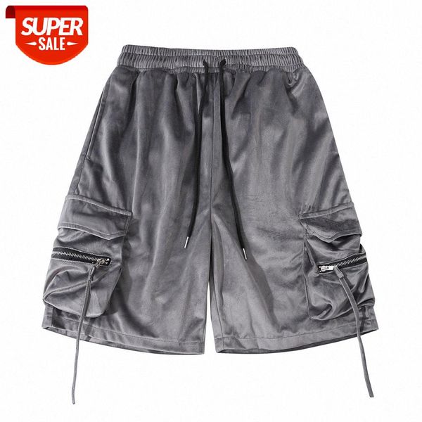 

solid color multi-pocket velvet cargo shorts men's american casual pants loose straight five-point #ar4k, Black