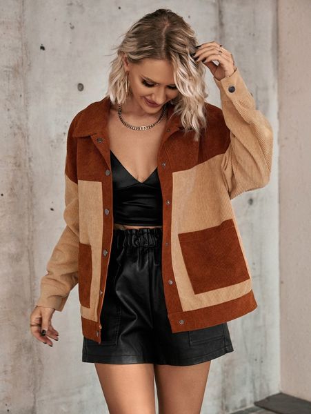 

color block dual pocket drop shoulder corduroy jacket u5oc#, Black;brown