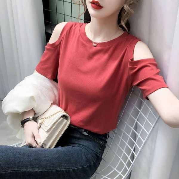 

women's t-shirt cotton shoulder-exposed small short sleeve 2021 summer fashion jacket european goods tide, White