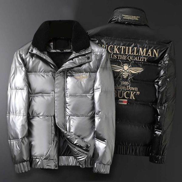 

chao brand feather collar bright face short winter bee embroidery white down men's jacket, Black
