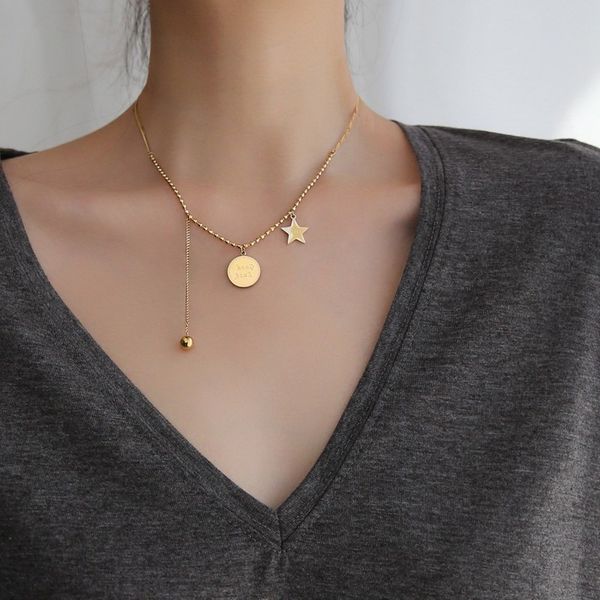 

titanium with 18k gold good luck star choker necklace women jewelry designer t show runway gown rare ins japan korean fashion q0531, Silver