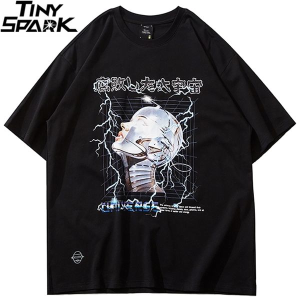 

oversize hip hop men tshirt streetwear lightning space robot t-shirt harajuku japanese kanji tees short sleeve cotton 210721, White;black