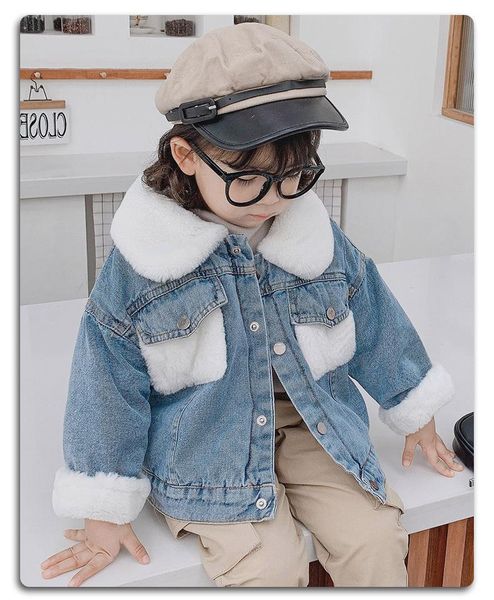 

jackets 2-7 years old thicken warm kids boys girls denim coat velvet fur outerwear 2021 autumn winter children jeans, Blue;gray