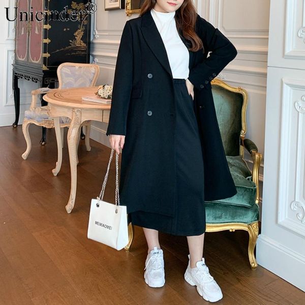 

women's suits & blazers unicinder 2021 woman plus size turn-down collar wide-waisted long blazer button solid black / grey #9854, White;black
