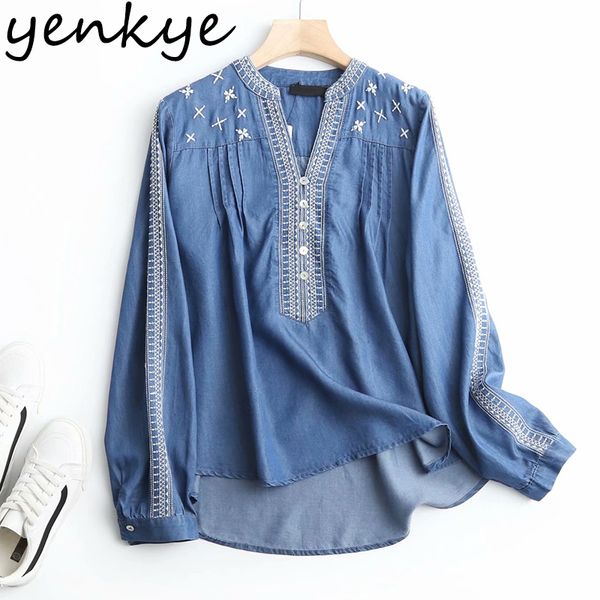 

2021 new casual summer denim blouse women long sleeve v neck embroidery vintage blue shirt femme blusas plus size i9m6, White;black