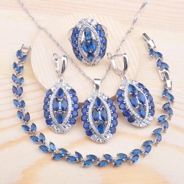 

earrings & necklace wedding cifts blue crystal silver color jewelry set for women cz bracelet pendant ring 2021 qs0711