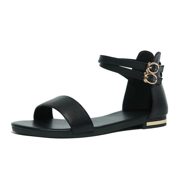 

genuine leather sandals women summer shoes buckle comfortable flat shoes beach black white casual woman