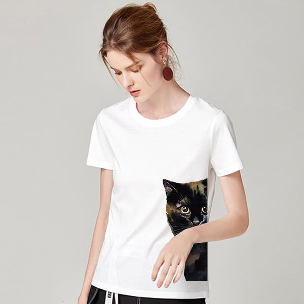 

2021 new summer cat looking you print t shirt women casual fashion tshirt o-neck short sleeve t-shirt white female clothing
