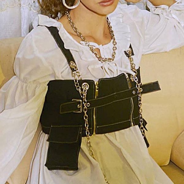 

pocket black denim tank women punk gothic chain patchwork zipper bodycon female harajuku streetwear tank, White