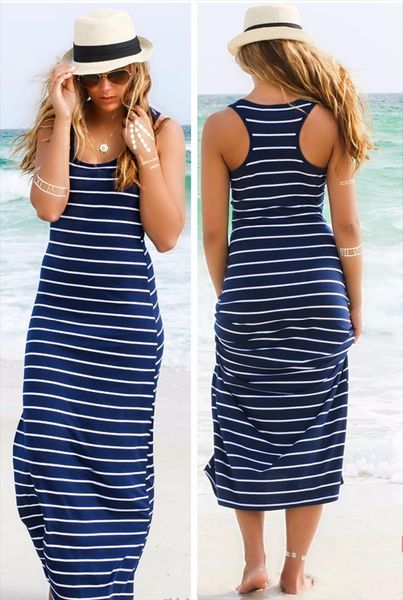 

hobo stripe summer beach women dresses long maxi vest sundress 3 colors, Black;gray