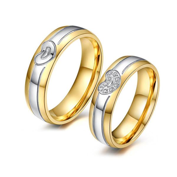 

wedding rings heart-shaped cubic zircon ring jewelry couple for women men engraved titanium steel lovers, Slivery;golden