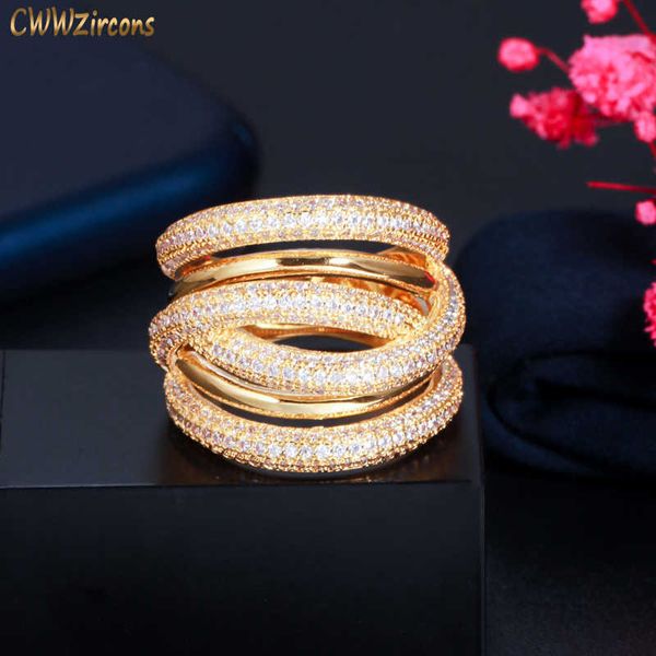 Multi Linhas de torção em camadas Luxo Africano Cubic Zirconia grande anel de noivado de casamento para mulheres Dubai Gold Jewelry R196 210714