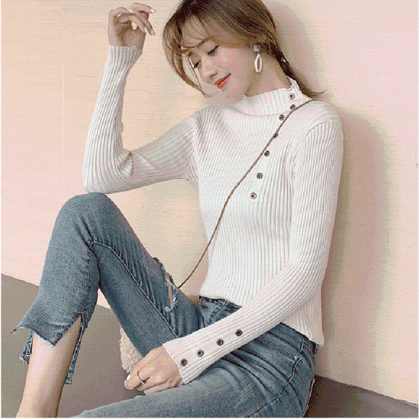

women's sweaters junelove knitted women half high collar sweater pullovers autumn vintage basic button slim fit black top, White;black