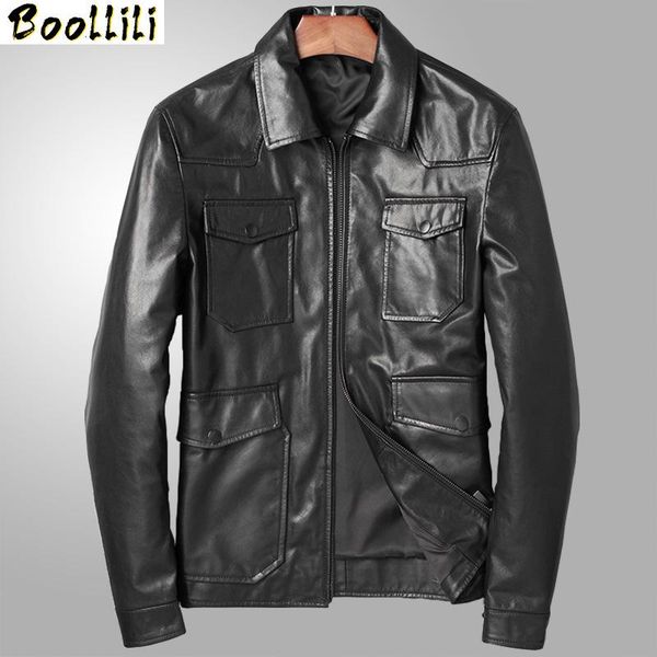 

men's leather & faux boollili genuine jacket real sheepskin coat casual goatskin coats motorcycle men 2021, Black
