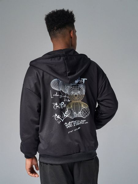 

men bear and slogan graphic zip up drop shoulder drawstring hoodie d38n#, Black