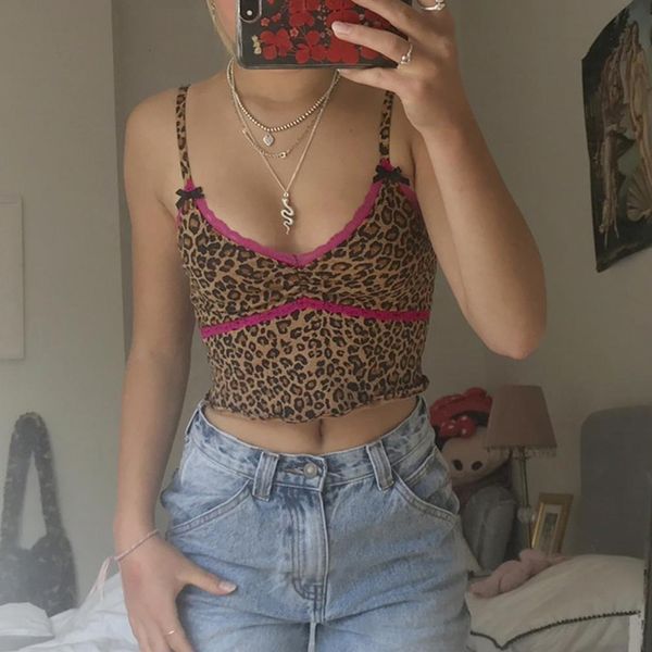 

dossni women leopard printed y2k summer sleeveless cropped vest backless skinny aesthetic pink lace trim tank, White