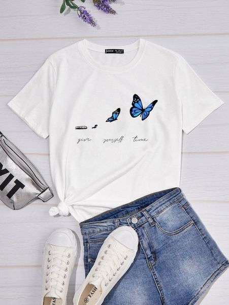 

plus butterfly and letter graphic tee 66bf#, Black