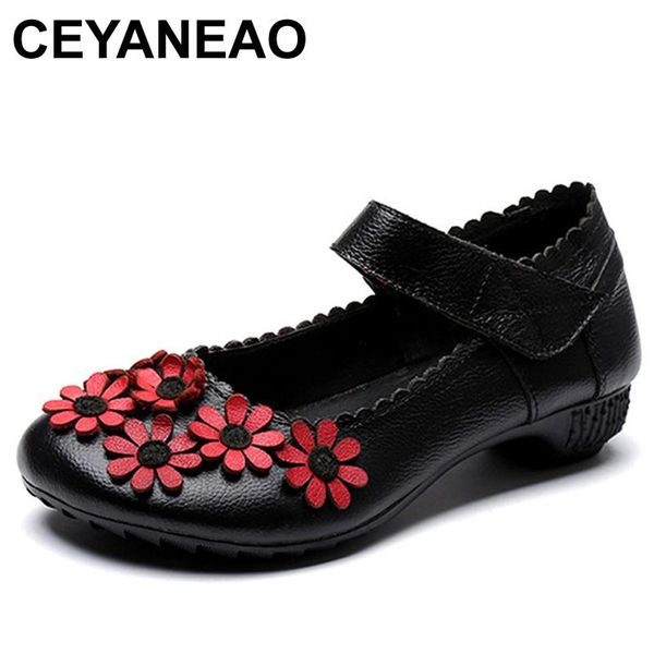 

ceyaneao new summer women genuine leather shoes ladies shallow low heels pumps flowers casual women's shoes female zapatos mujer, Black