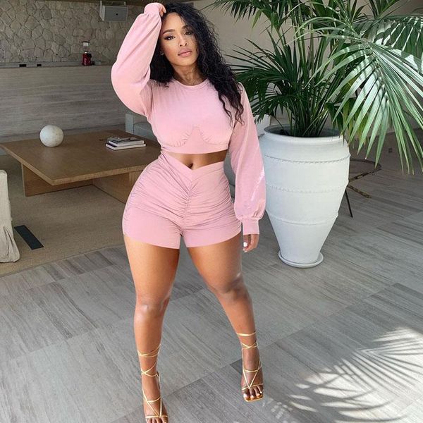 

women's tracksuits streetwear two piece set for women sweat suits lantern sleeve crop and ruched shorts sets casual tracksuit matching, Gray