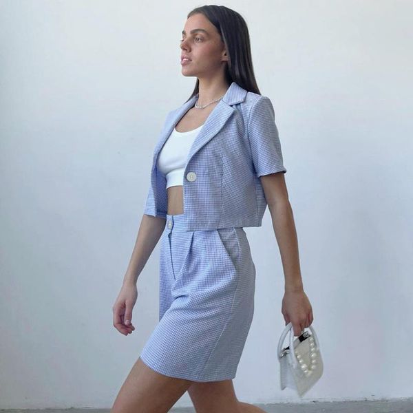 

women's tracksuits 2021 summer suit leisure right angle shoulder plaid short sleeve skirt fashion wear, Gray