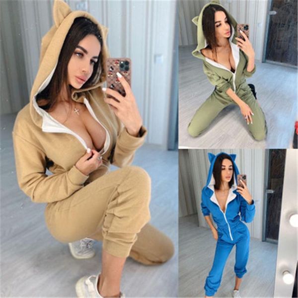 

womens hooded rompers pajamas fashion trend long sleeve zipper thicken pants jumpsuits designer female winter new casual sports home rompers, Black;white
