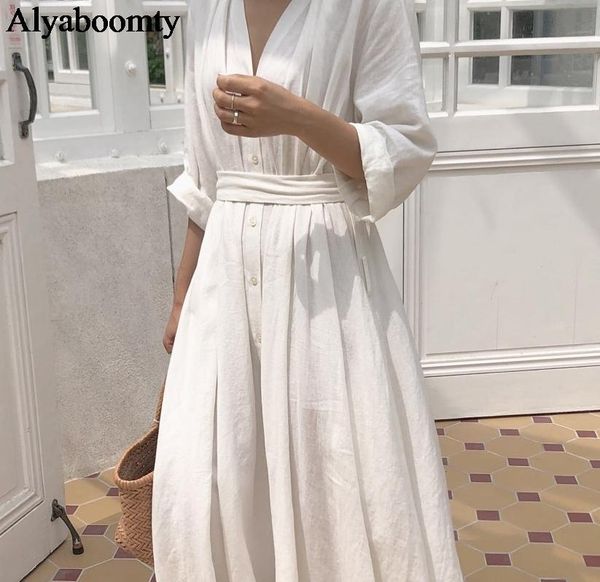 

casual dresses summer autumn women long shirt dress white black v neck oversized vestidos cotton vintage loose 3/4 sleeve sashes cardigan, Black;gray