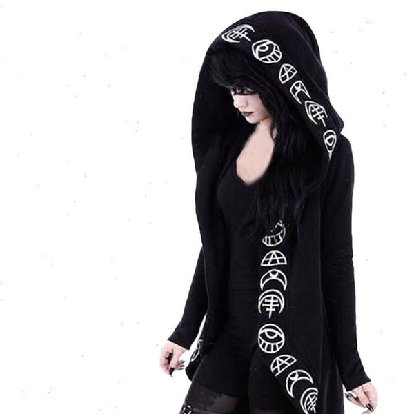 

women coat gothic punk moon letter print hooded 2021 autumn winter long sleeve black jacket zipper coat casual jacket ss, Black;brown