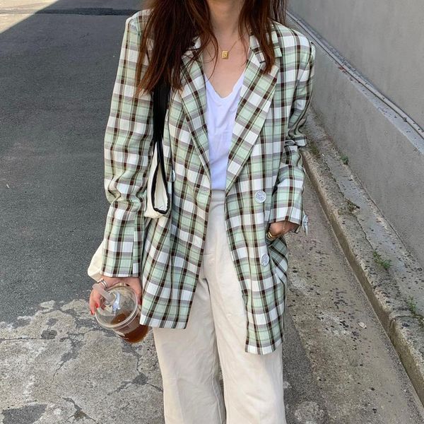 

2021 notched collar plaid blazer women coat new autumn vintage ol elegant loose suit jacket double breasted blazers l9vv, White;black