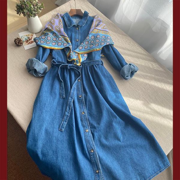 

casual dresses summer women vintage loose comfortable water washed cotton denim w/h side pockets belt, Black;gray