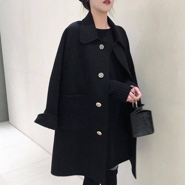 

women's wool & blends 2021 autumn and winter double-sided cashmere coat hebenfeng factory direct selling long tweed, Black