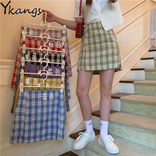 

summer yellow skirts womens high waist pencil plaid skirt streetwear vintage skirt elegant korean mini skirts harajuku 210619, Black