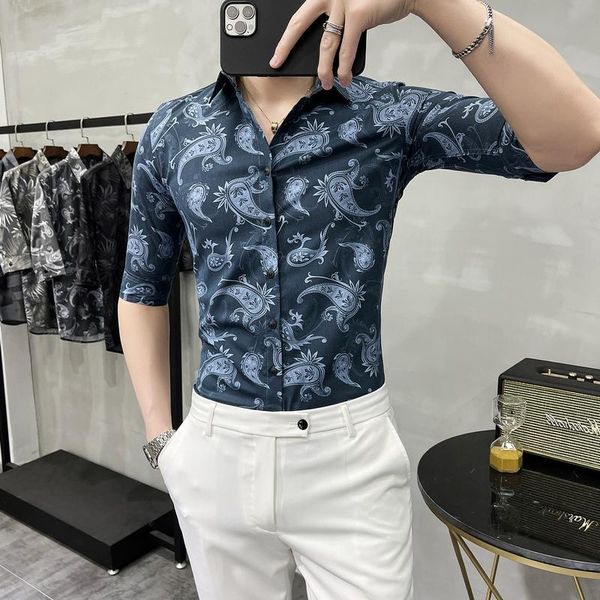 

men's casual shirts spring business floral men slim half sleeve printed shirt social party male dress, White;black