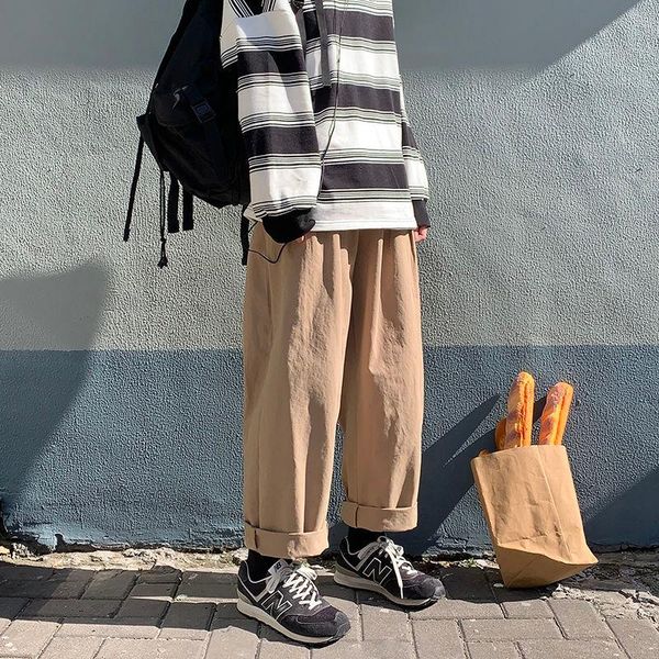 

cotton wide-leg pants men's fashion solid color casual pants men streetwear korean loose hip-hop straight mens trousers, Black