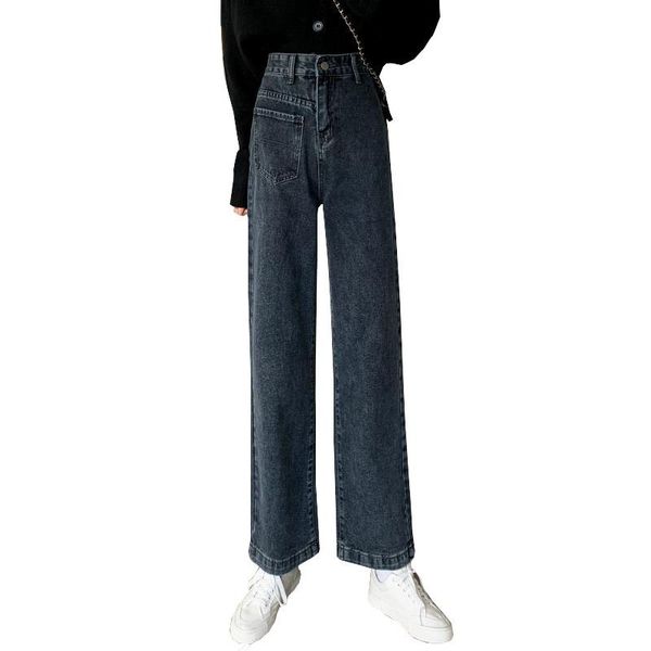 

women's jeans ladies retro wild straight wide leg women 2021 spring autumn trousers high waist loose slim female pants f047, Blue