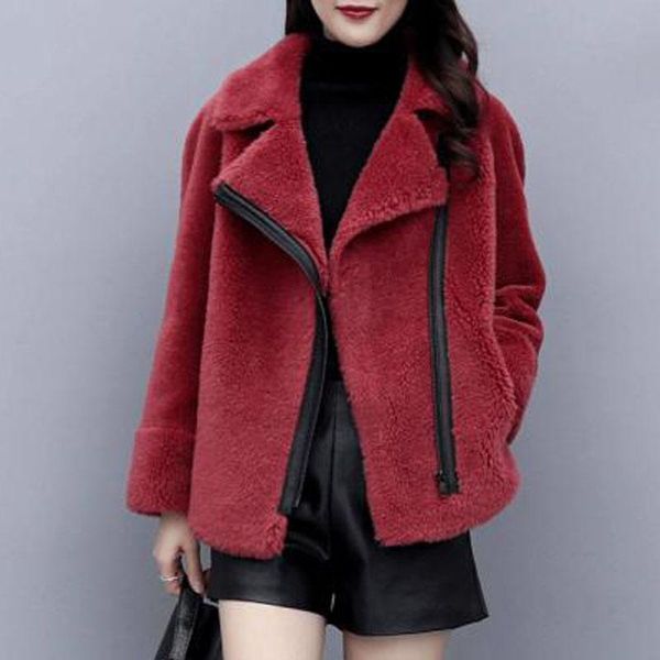 

women's fur & faux parkas women plus size short coats 2021 winter fashion sheep cashmere zipper splicing casual warm jackets woman, Black